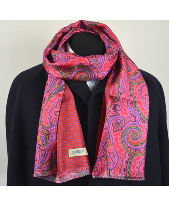 Bright red fine silk paisley scarf backed with a spotted silk backing